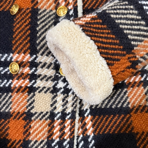 Tory Burch Black, Brown & Cream Plaid Sherpa-Trim Double-Breasted Pea Coat - Picture 6 of 9